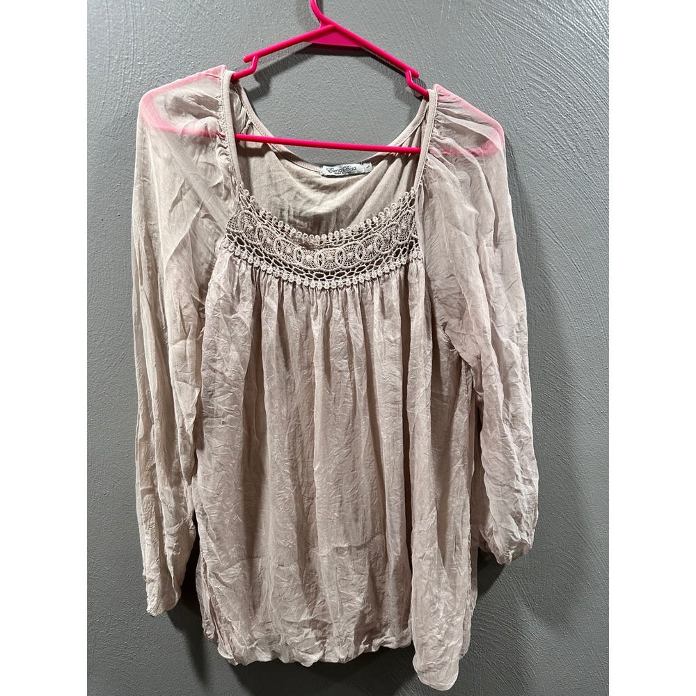 Elena Baldi Italy Silk Blouse L Crochet Lace Neck Crinkle Top Dusty Rose Taupe